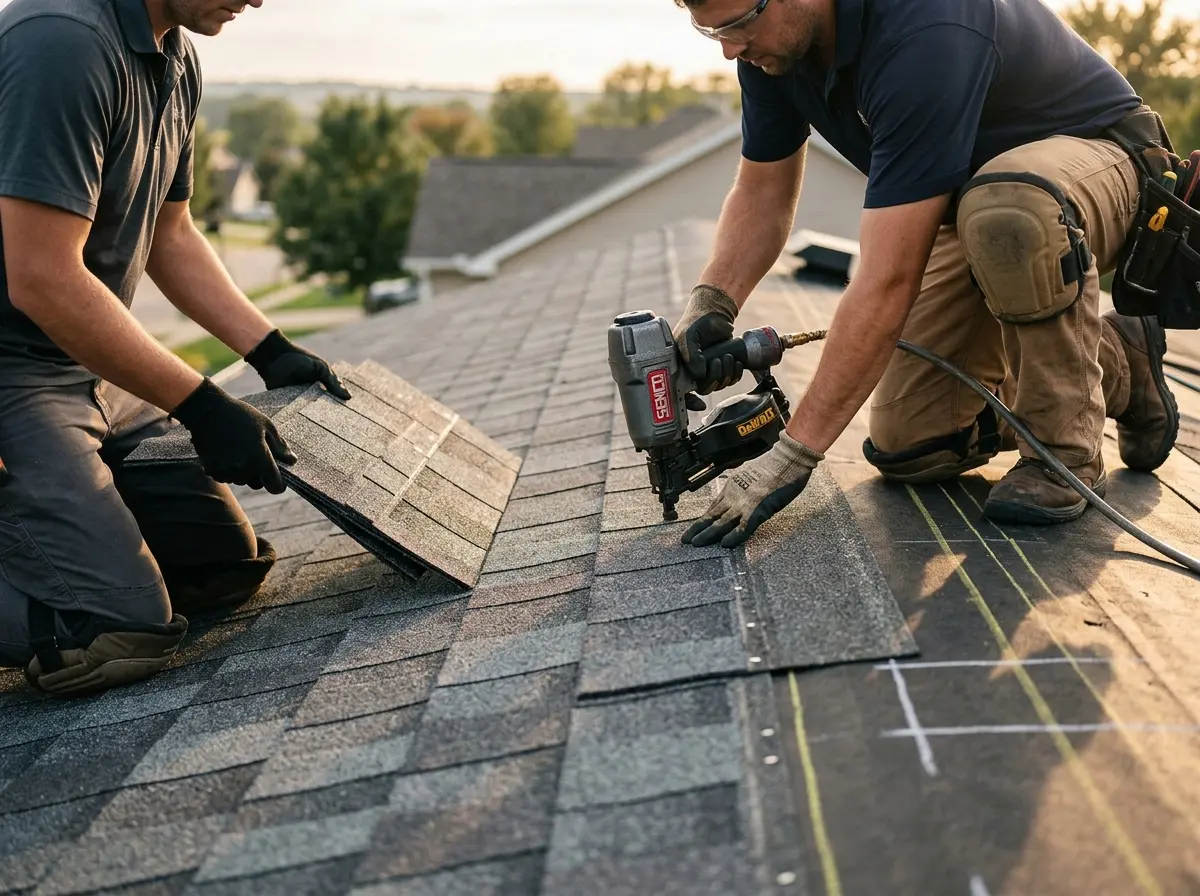 Professional roofer working on a residential roof in Glastonbury